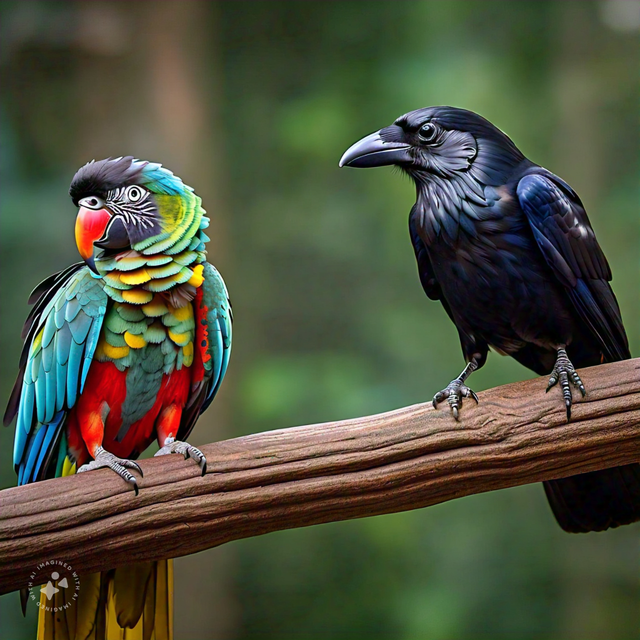 parrot_and_crow_on_same_branch_of