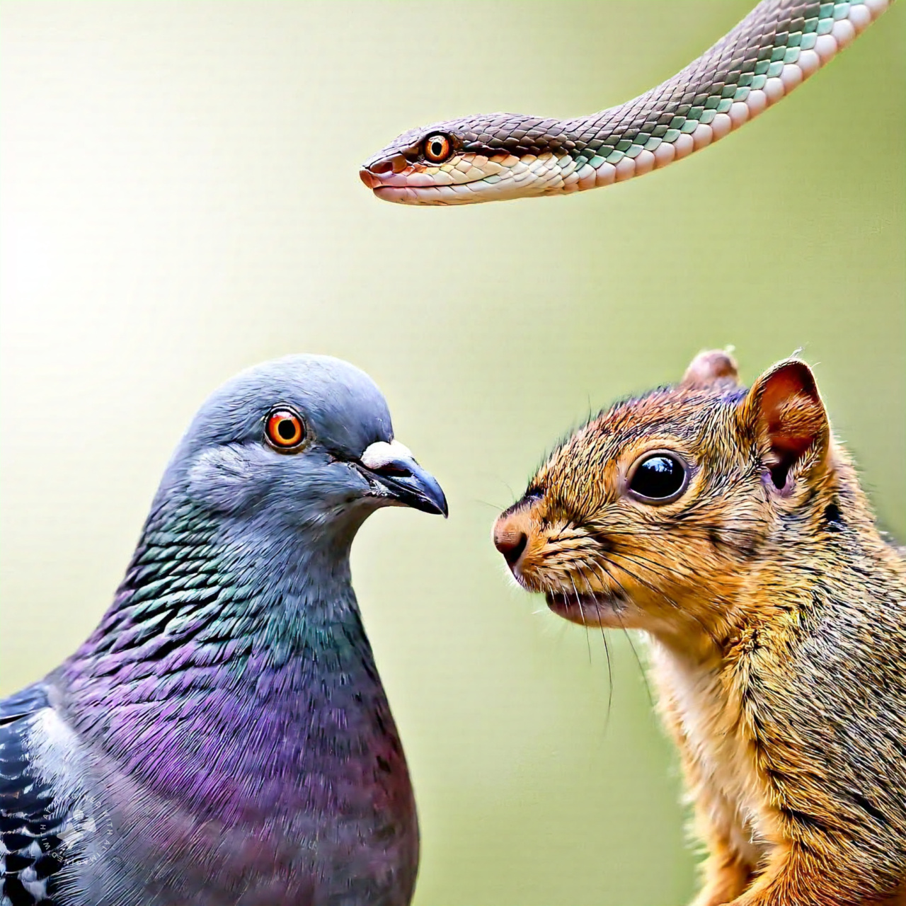 pegion_and_sqirrel_looking_at_snake_coming