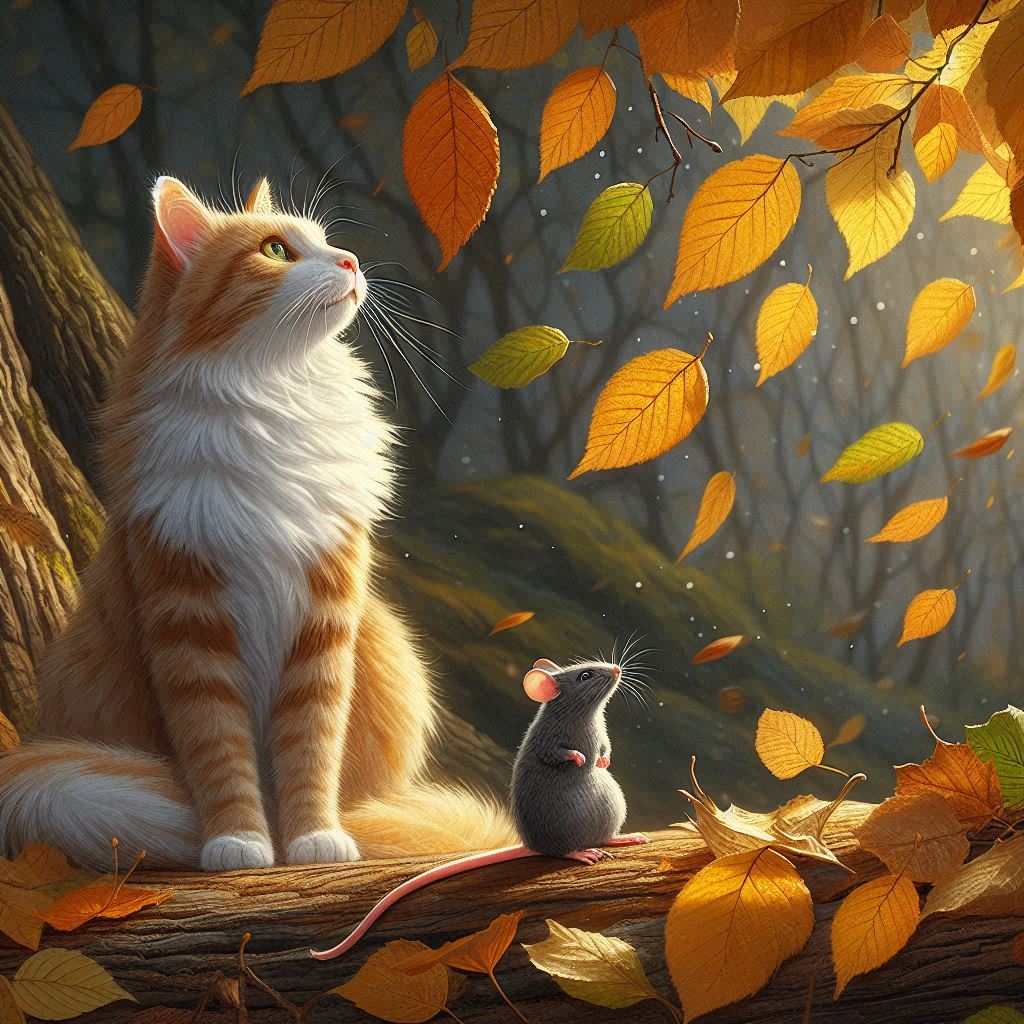 A cat and mouse looking at leaves falling from a tree