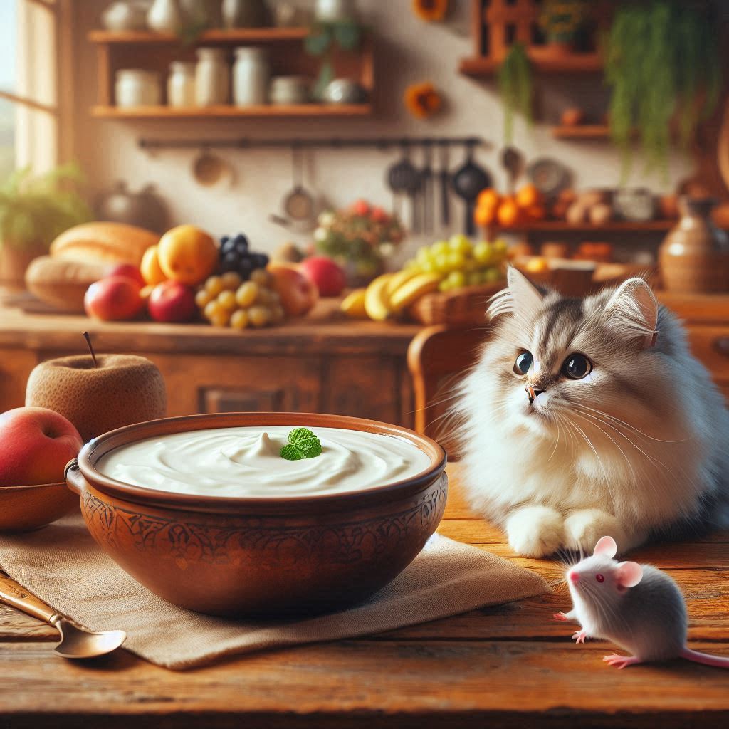 A cat and a mouse looking at a pot of curd