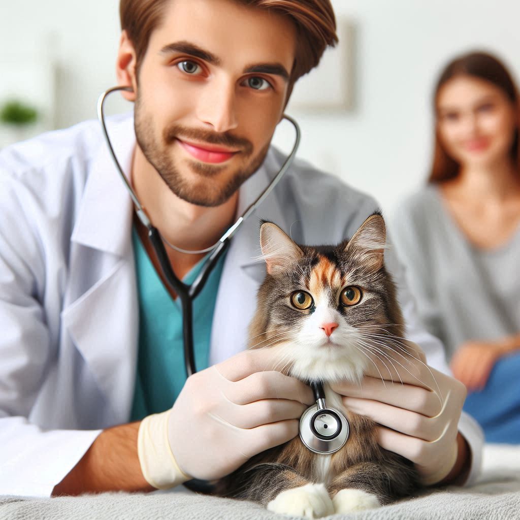 A cat in doctors coat with a stethoscope and her master
