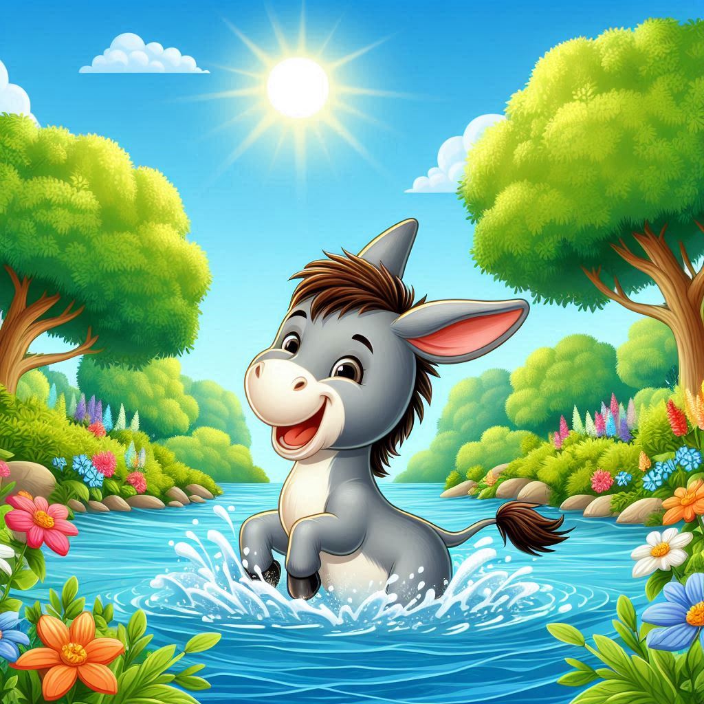 A donkey bathing in a river