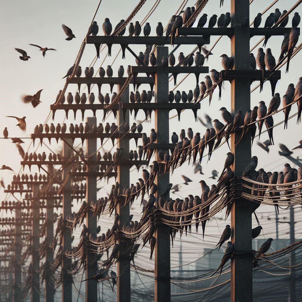 birds sitting on electric pole in row