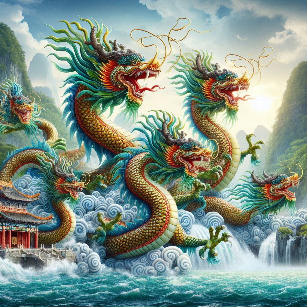 four dragons transforming into a river in Chiana