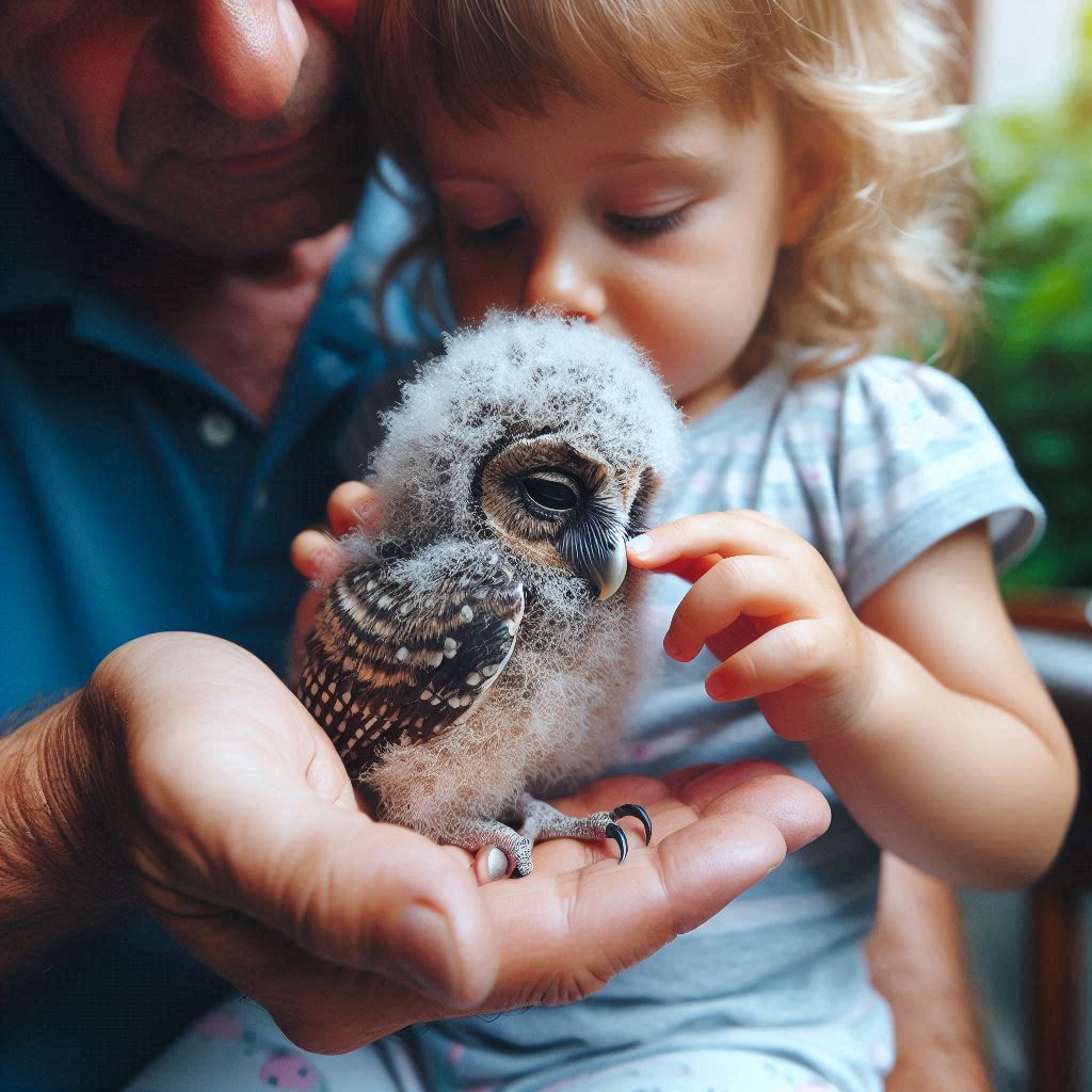 infant of owl found in the house garden to little girl and her grandfather