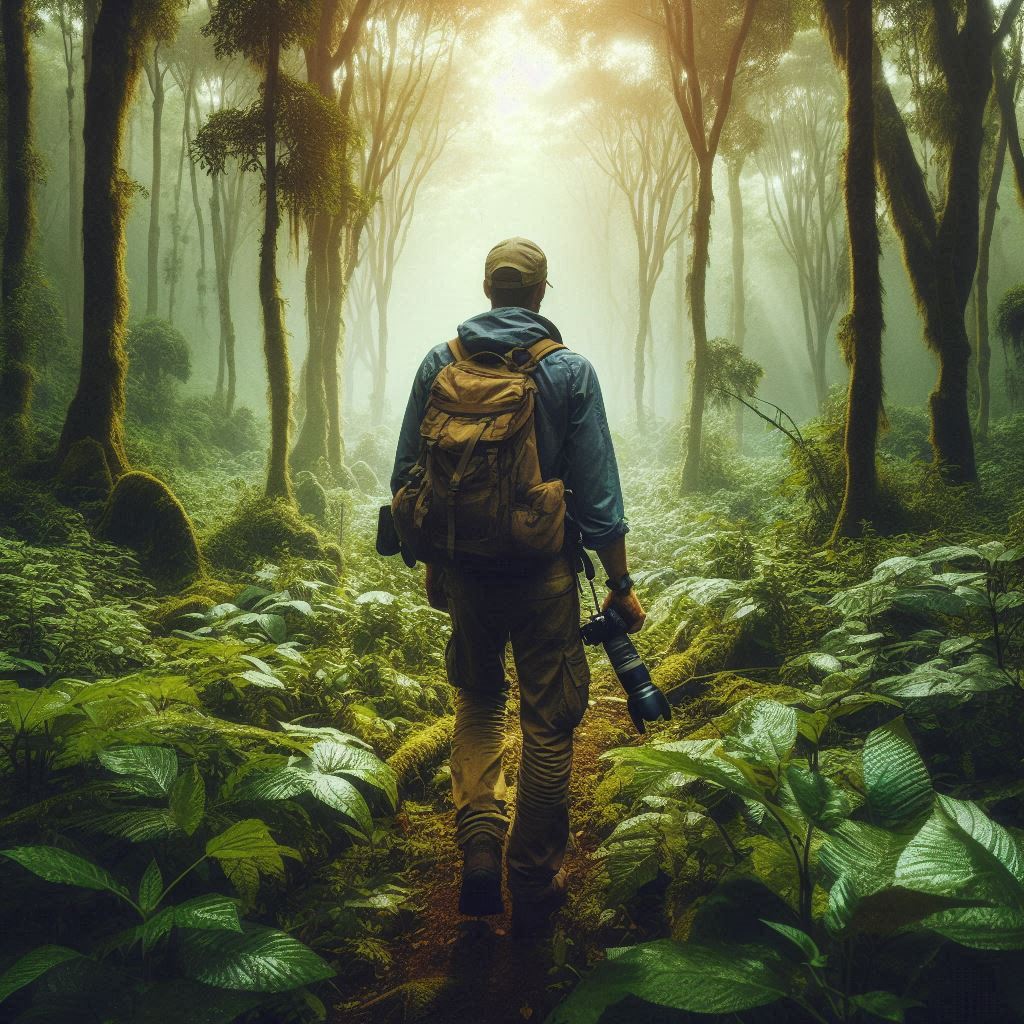 journalist walking in the dense forest of Ethiopia