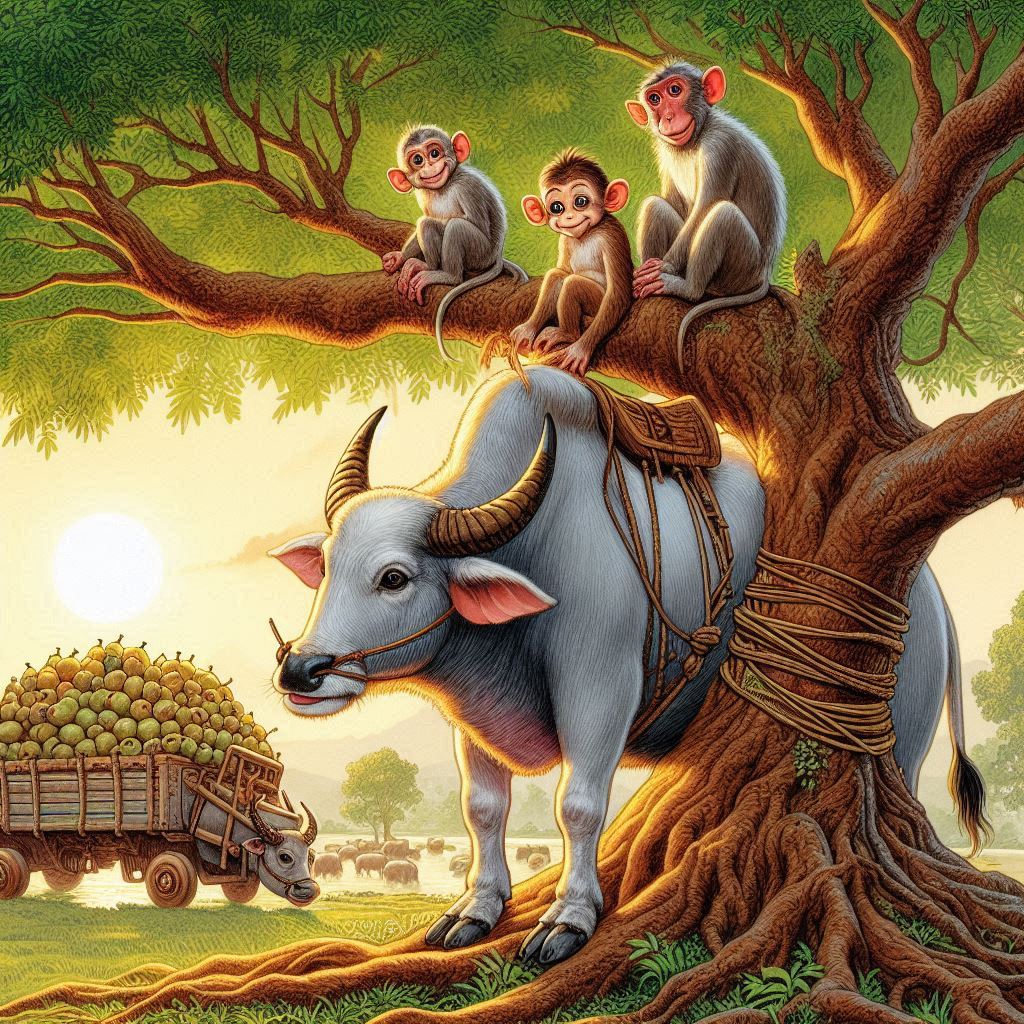 monkeys sitting on tree and freighted bull below the tree