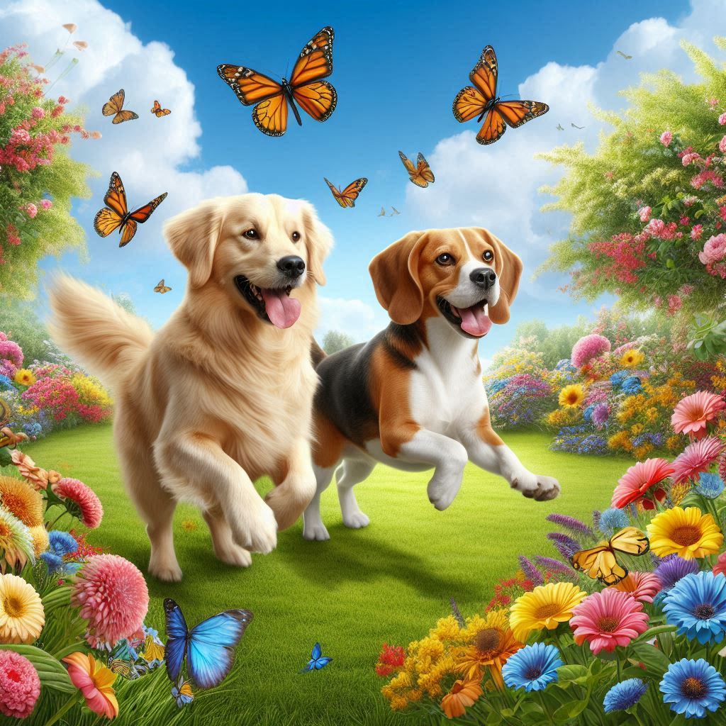 two dogs in a beautiful garden