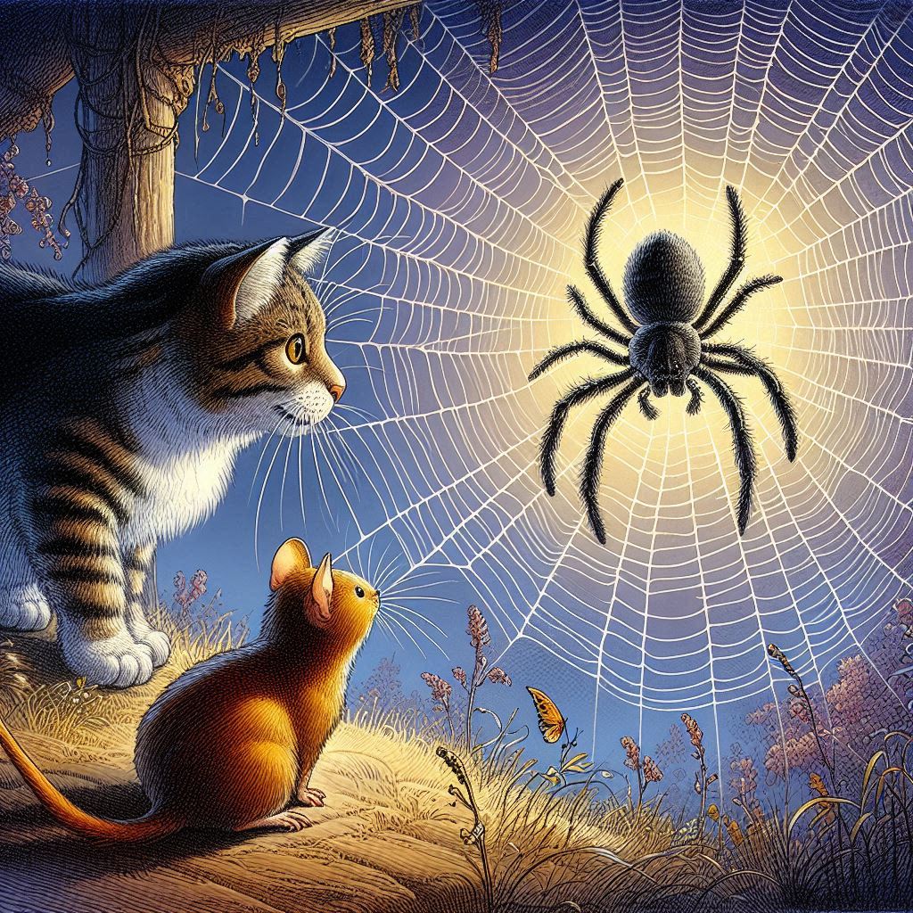 A cat and mouse keenly observing a spider weaving