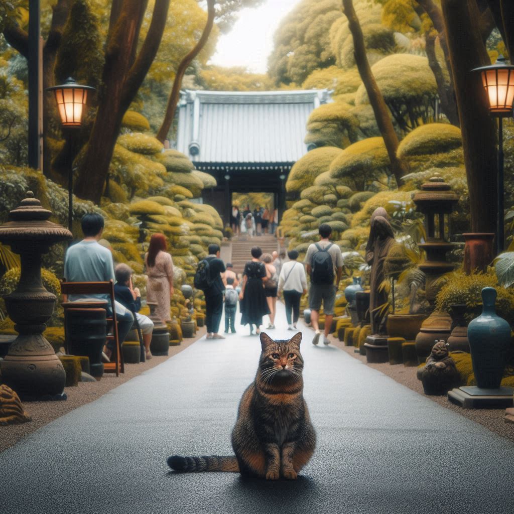 A cat sitting in the middle of a walking road in a garden with visitors around