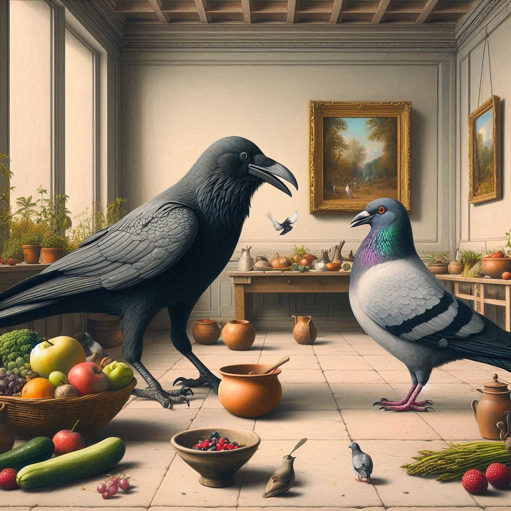 A crow and a pigeon conversing with each other in a gallery kitchen garden