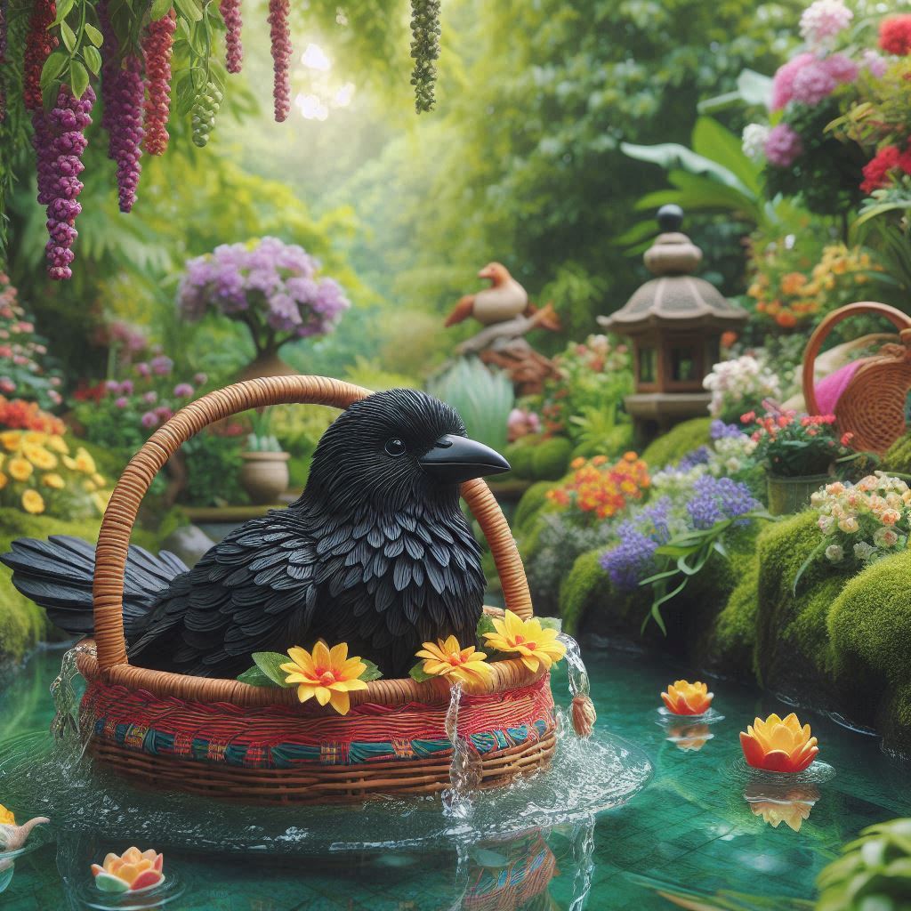 A crow swimming in a pond on a basket