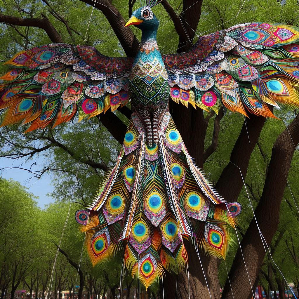 A kite in the form of a peacock tied on a tree