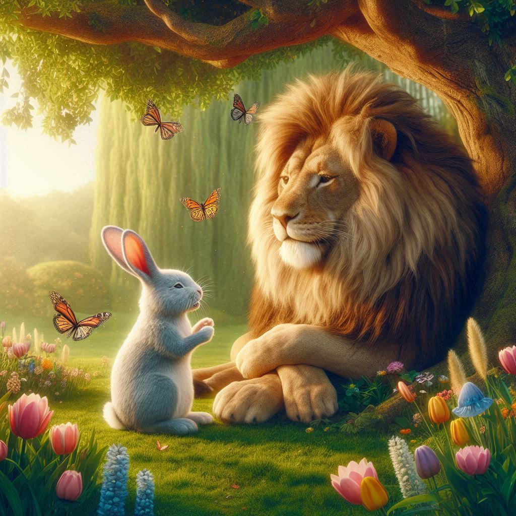 A rabbit talking to a lion