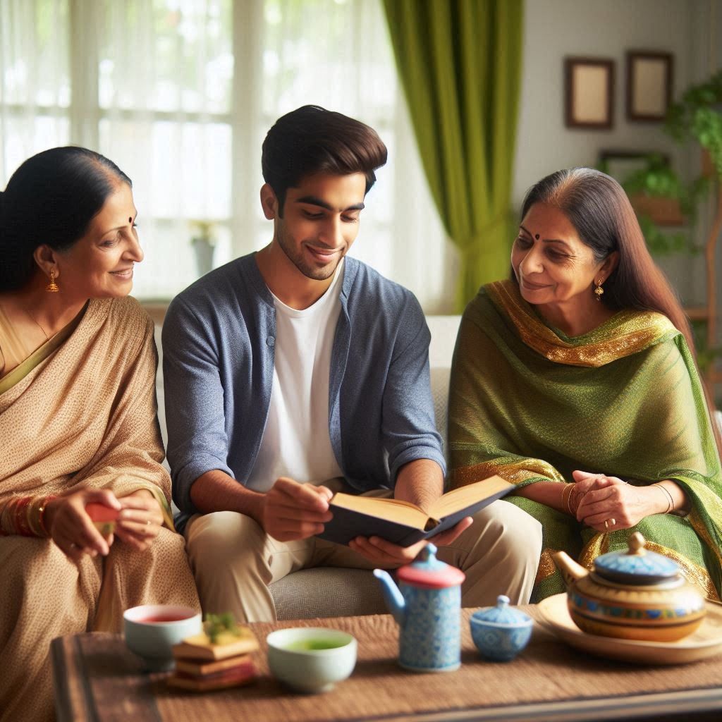 Indian family discussing book reading