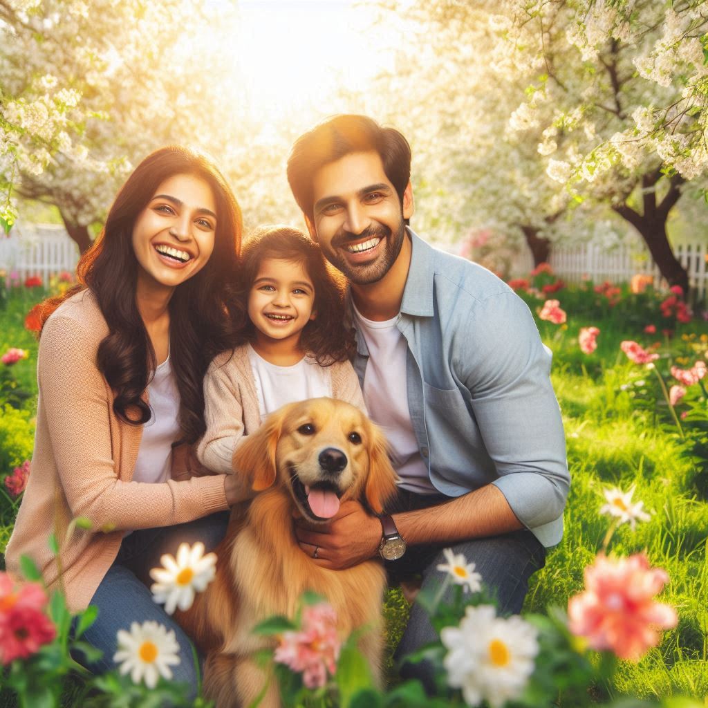 Indian family of three with their one adorable dog