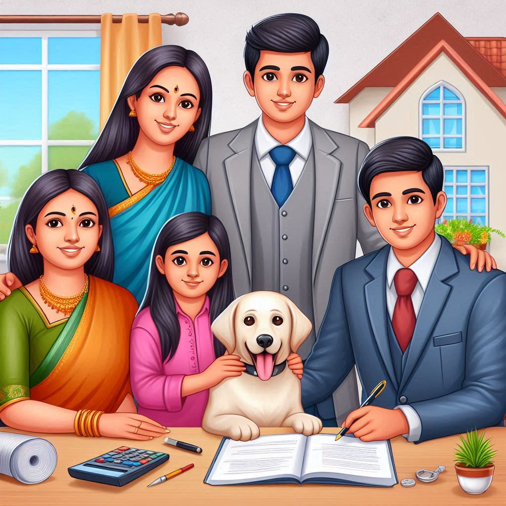 Indian family with one pet dog and insurance agent