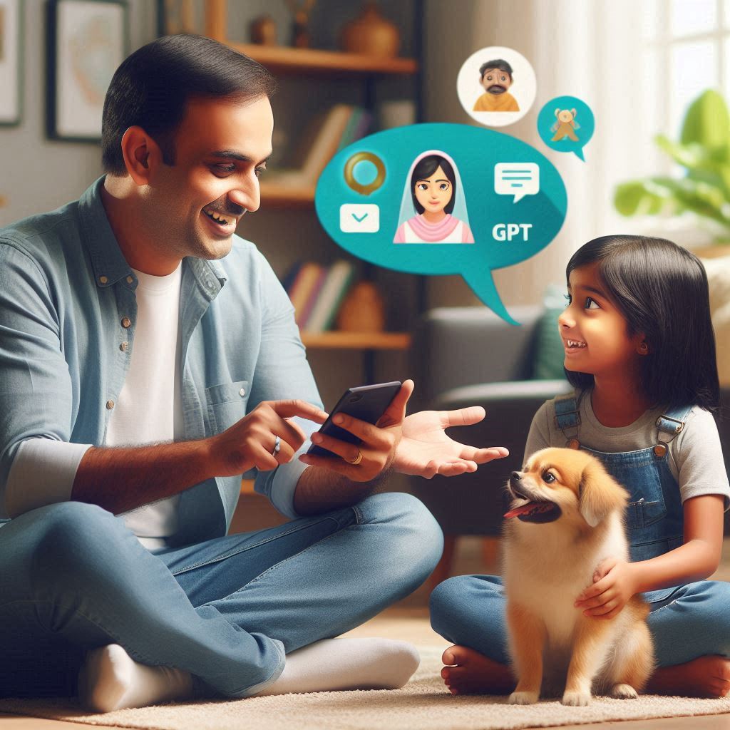 Indian father explaining about Chat GPT to his daughter and his pet dog