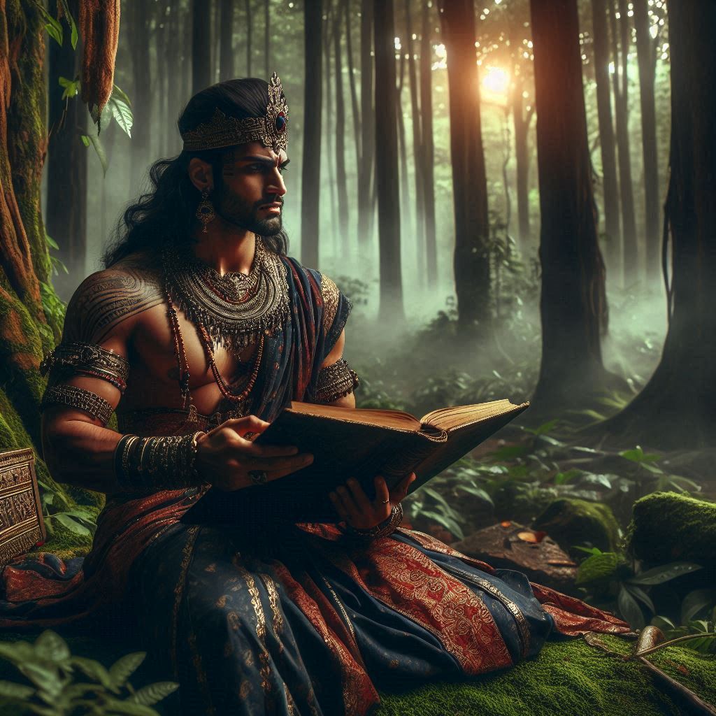 Indian king in dense forest looking at ancient secret book