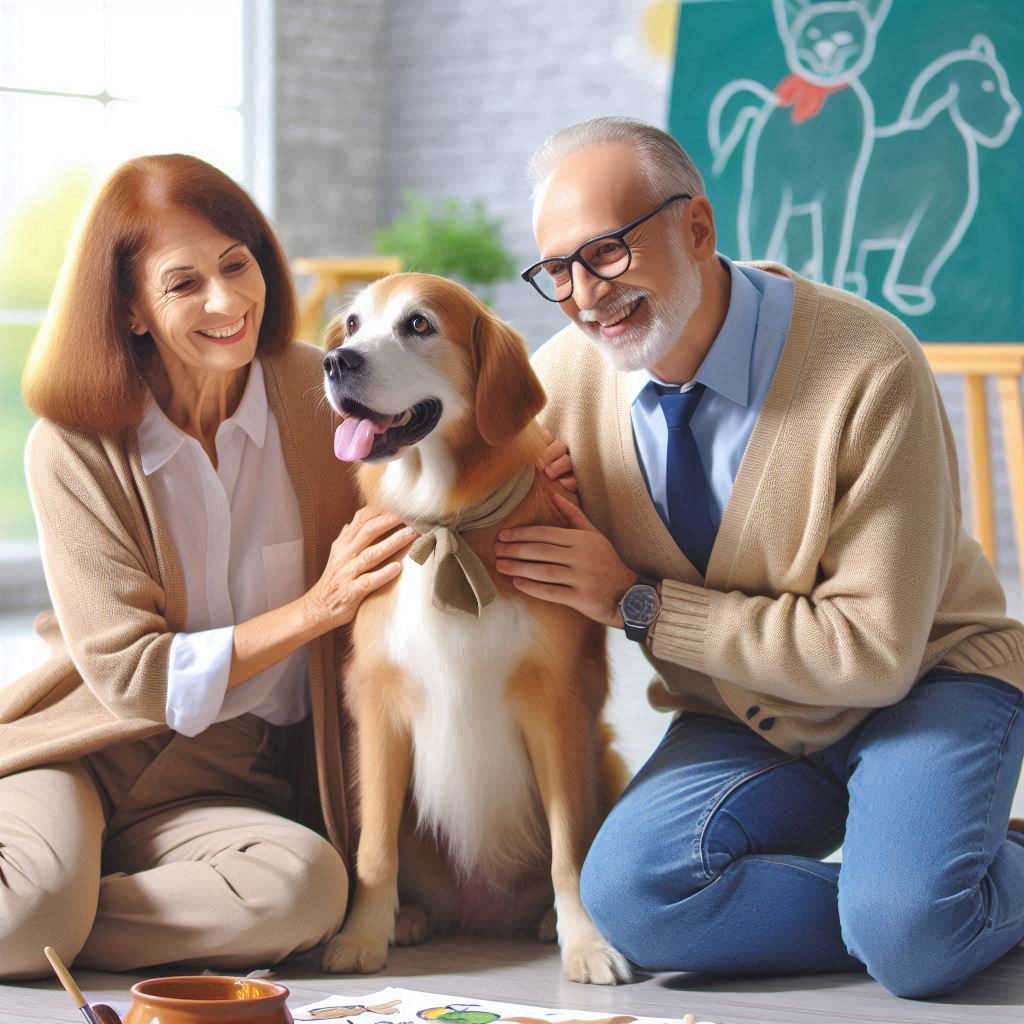 a dog and its pet parents in an art of living class