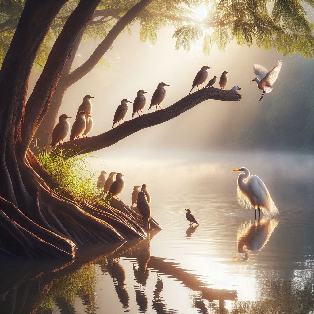 birds sitting on tree near pond looking at egret floating on pond water