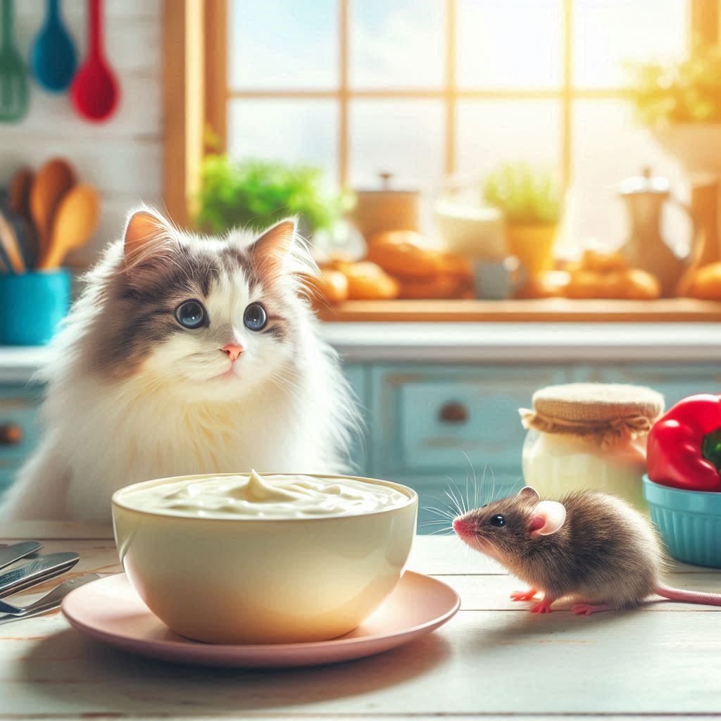 A cat and mouse looking at curd in the kitchen