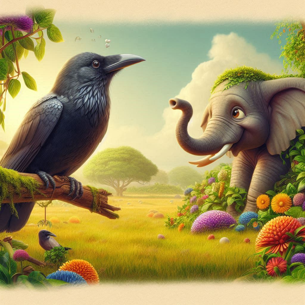 A crow dreaming of becoming friends with an elephant