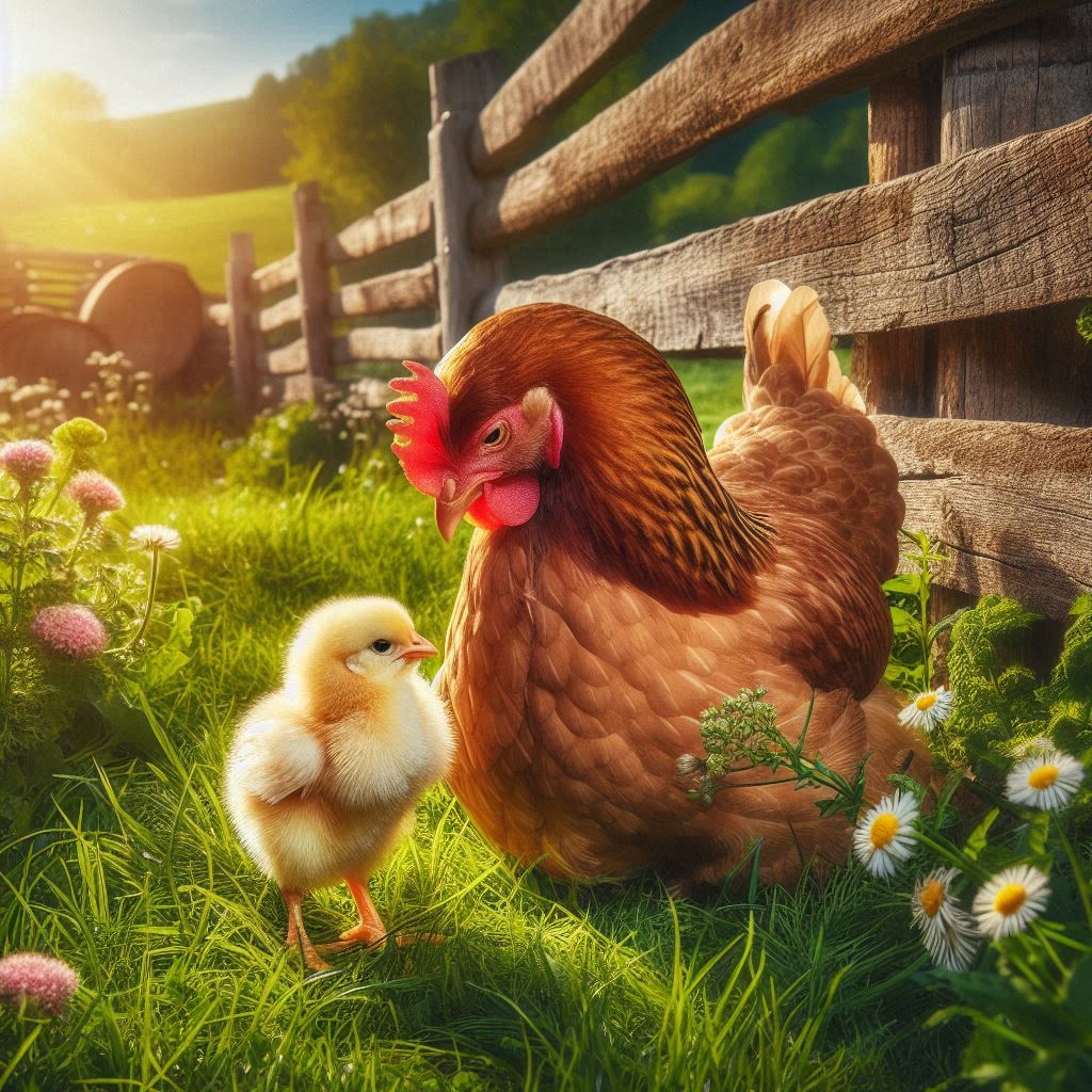 A hen and her one chicken
