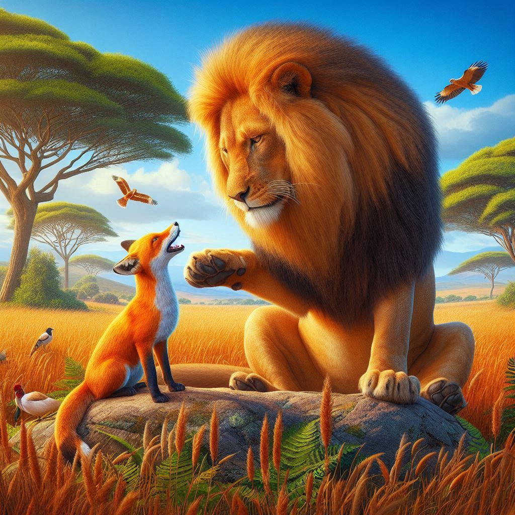 A king lion scolding a fox