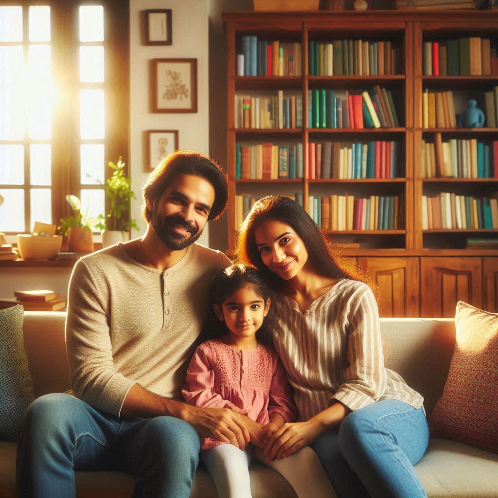 Indian family of three with a cupboard full of books