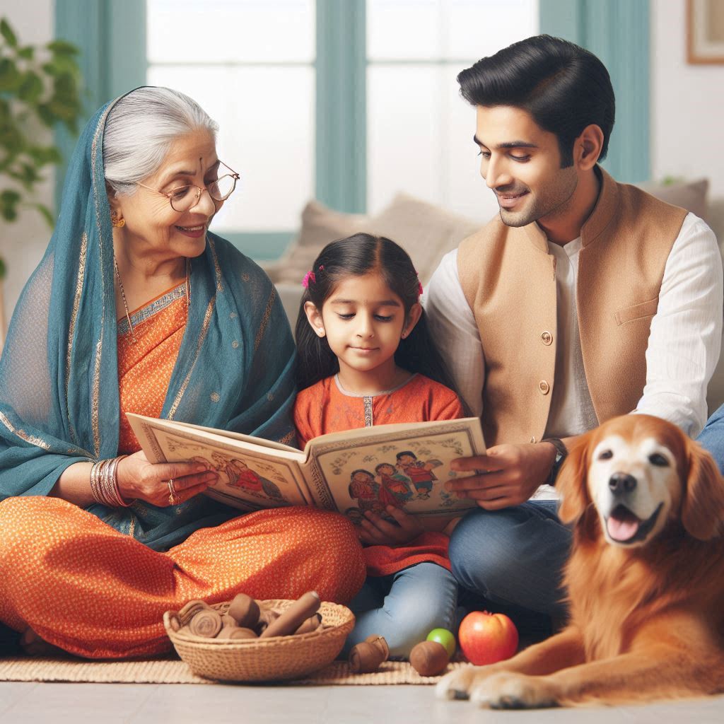 Indian family of three with pet dog and grandmother telling story to granddaughter