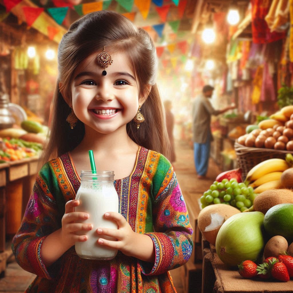 a little Indian girl with a drink made by curd