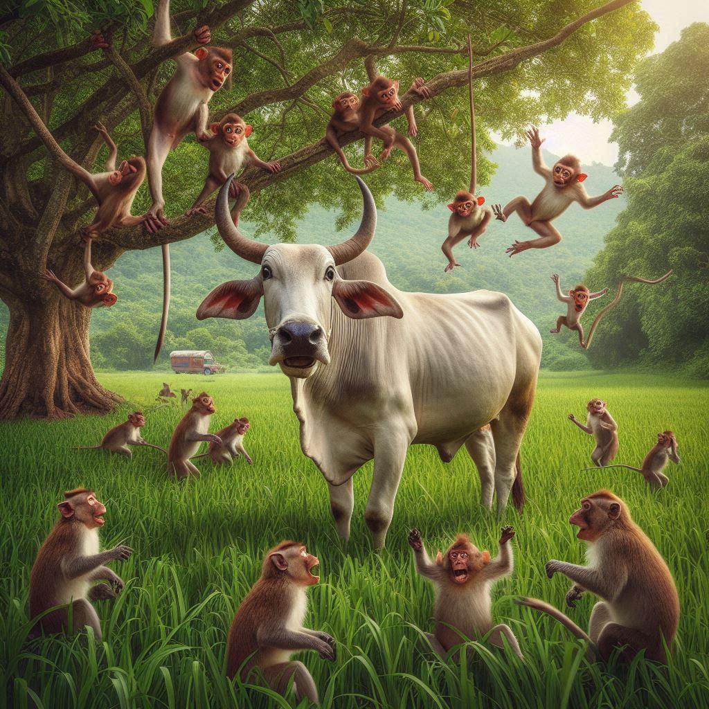 bullock frightened by a bunch of monkeys