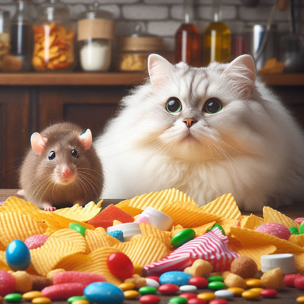 cat and rat looking at junk food