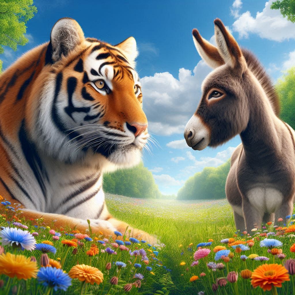 tiger looking at donkey with friendly eyes