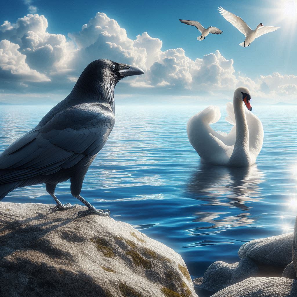crow looking at swan on ocean water