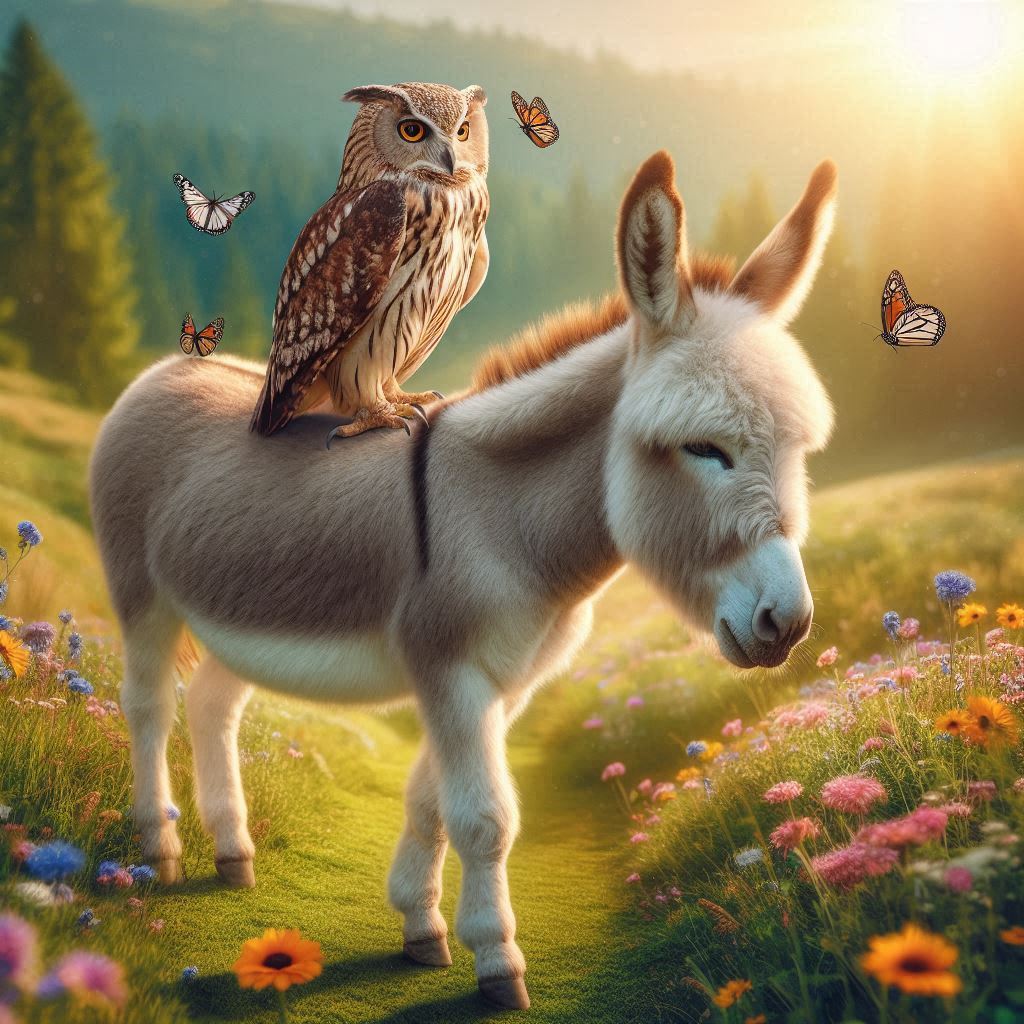 owl sitting on the back of donkey
