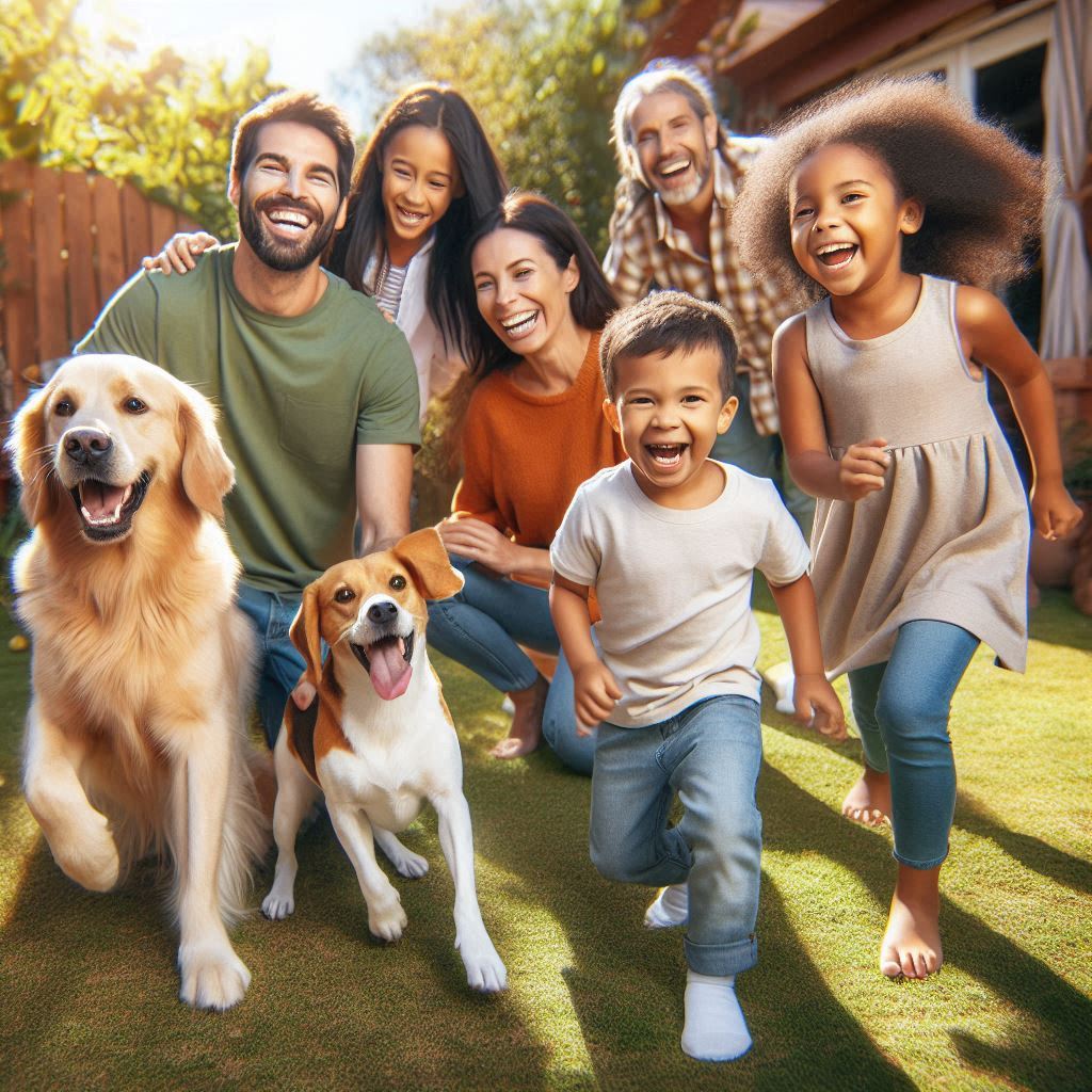 two pet dogs playing with a family